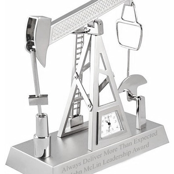 Silver Alloy Metal Industrial Oil Pumpjack Office Desk Clock - Personalized Custom Achievement Awards, Engraved Milestone Trophy, Plaques