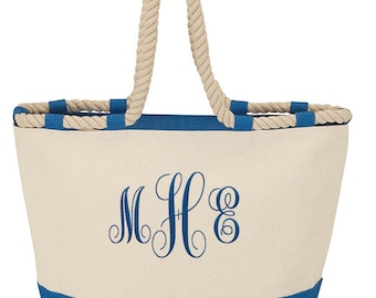 Blue Nautical Zippered Closure Canvas Beach Tote Bag with Rope Handles - Personalized Monogram Bag Custom Wedding Gifts Bride Bridesmaids