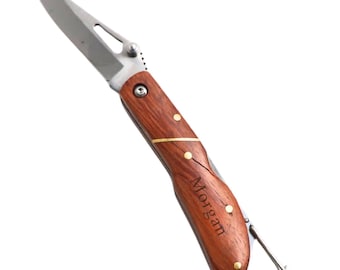 Rosewood Handle Stainless Steel Folding Pocket Knife with Carabiner -  Personalized Gifts,Custom Engraving Name Outdoor Silver Cutting Blade