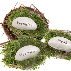 May include: Three white oval-shaped stones with the words "Veronica", "Jacob", and "Married" inscribed on them. The stones are nestled in moss-covered nests.