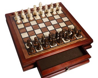 13" Wooden Dual Drawers Chessboard with Magnetic Wood Chess Pieces Set - Personalized Wood Chess Board Set Engraved Custom Birthday Gifts
