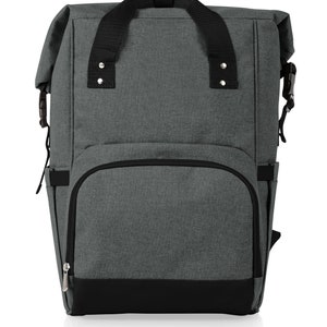 May include: A gray and black insulated backpack with a zippered front pocket and adjustable straps.