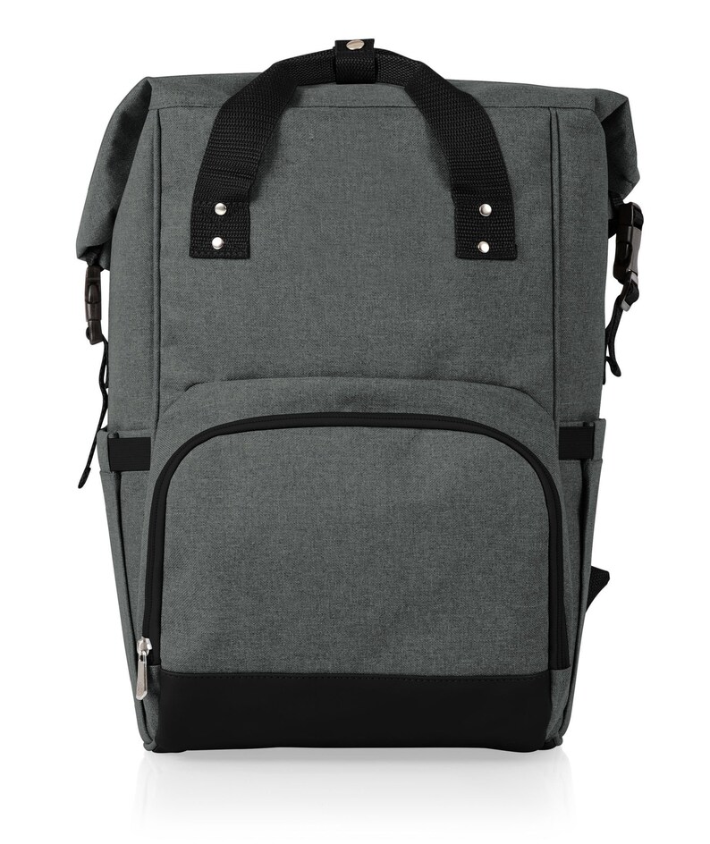 May include: A gray and black insulated backpack with a zippered front pocket and adjustable straps.