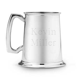 Personalized Classic Tankard Drinking Mug - Custom Stainless Silver Beverage Cup - Engraved Gifts for Teacher, Groom, Bride, and Co-Worker
