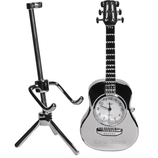 Custom Mini Silver Alloy Acoustic Guitar Desk Clock - Personalized, Office Engraved Gifts, For Music Teacher, Bands, Singer, Friends, Artist
