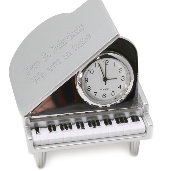 Polished Silver Mini Grand Piano Desk Clock - Custom Engraved Gifts, Personalized Table Clock Art Deco, Music Lover, Birthday, Anniversary