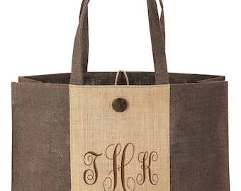 Eco-Friendly Two-Tone Jute Tote Bag - Custom Burlap Shopping Bags, Personalized Wedding Bride Gifts Beach Bags Bridal Monogrammed Embroider