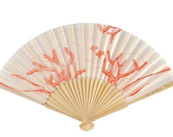 Decorative Beach Coral Bamboo Wedding Fan - Custom Wedding Favors, Personalized Engraved Gifts, Groom Bride Asian Theme Fans, Party Favors