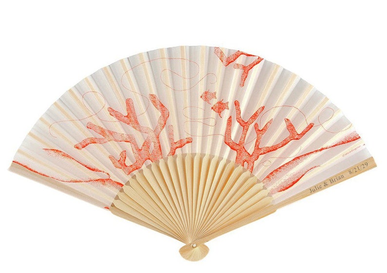 Decorative Beach Coral Bamboo Wedding Fan Custom Wedding Favors, Personalized Engraved Gifts, Groom Bride Asian Theme Fans, Party Favors image 1