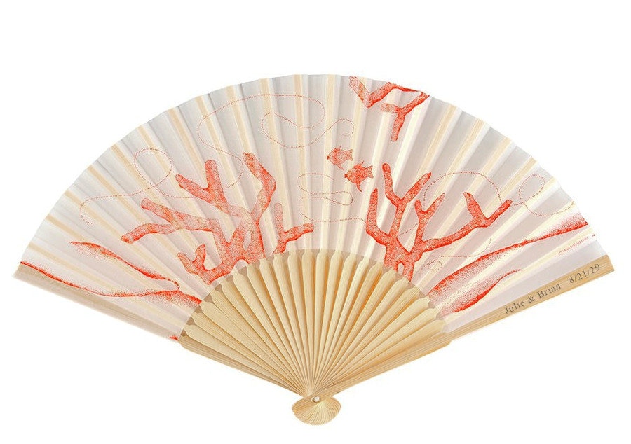 Decorative Beach Coral Bamboo Wedding Fan - Custom Wedding Favors, Personalized Engraved Gifts, Groom Bride Asian Theme Fans, Party Favors