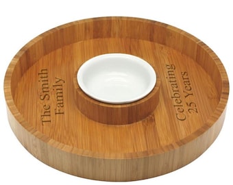 Bandeja ecológica de bambú para salsas y chips gourmet + cuenco para salsas - Bandeja ecológica de madera natural para servir bocadillos, regalos personalizados grabados