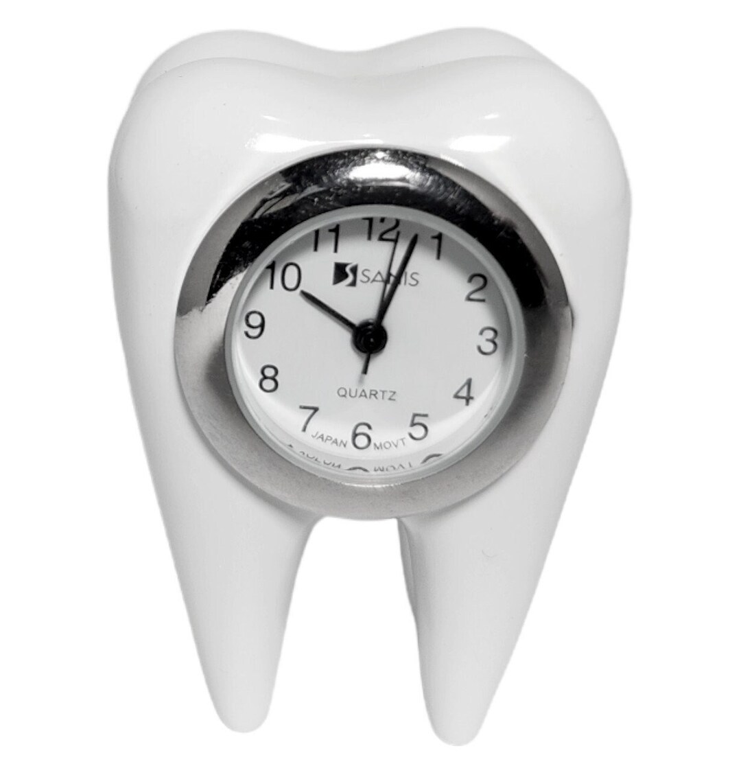 White Mini Dental Tooth Desk Clock Custom Doctor Gift Personalized