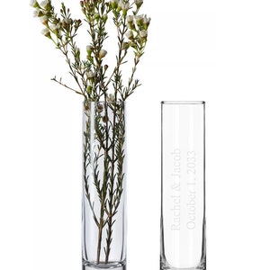 Engraved Clear Cylinder Glass Bud Vase Personalized Wedding Gifts, Anniversary Flower Vases, Reception, Bridal Shower, Tall Glass Vases image 2