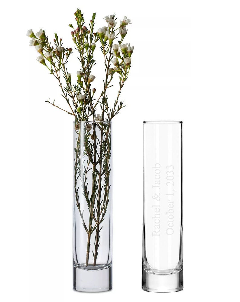 Engraved Clear Cylinder Glass Bud Vase Personalized Wedding Gifts, Anniversary Flower Vases, Reception, Bridal Shower, Tall Glass Vases image 2