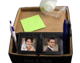 Leatherette Office Stationery Accessory Organizer with Dual Photo Frames - Custom Office Desk Storage Personalized Gifts Two Picture Frames