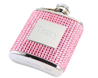 Personalized Stainless Steel Crystal Pink Rhinestone Bling Mini Flask - Custom Engraving Bridal Gifts Barware Drinking Liquor Alcohol Flasks