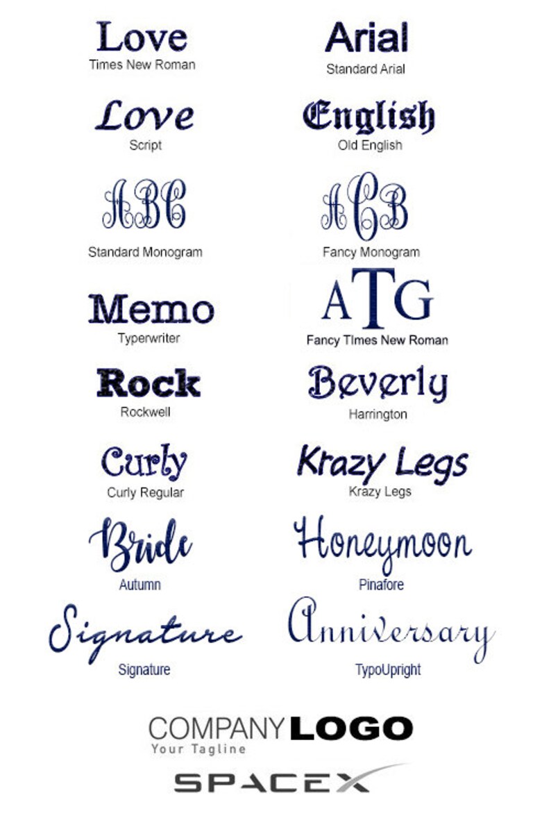 Puede incluir: Un gr&aacute;fico que muestra diferentes estilos de fuente con nombres como Love, Arial, English, Memo, Rock, Curly, Bride, Signature, Beverly, Krazy Legs, Honeymoon, Anniversary y SPACEX. El texto est&aacute; en azul y negro.