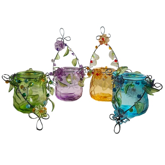 Antique Floral and Forest Inspired Beaded Glass Candle Jar Holder