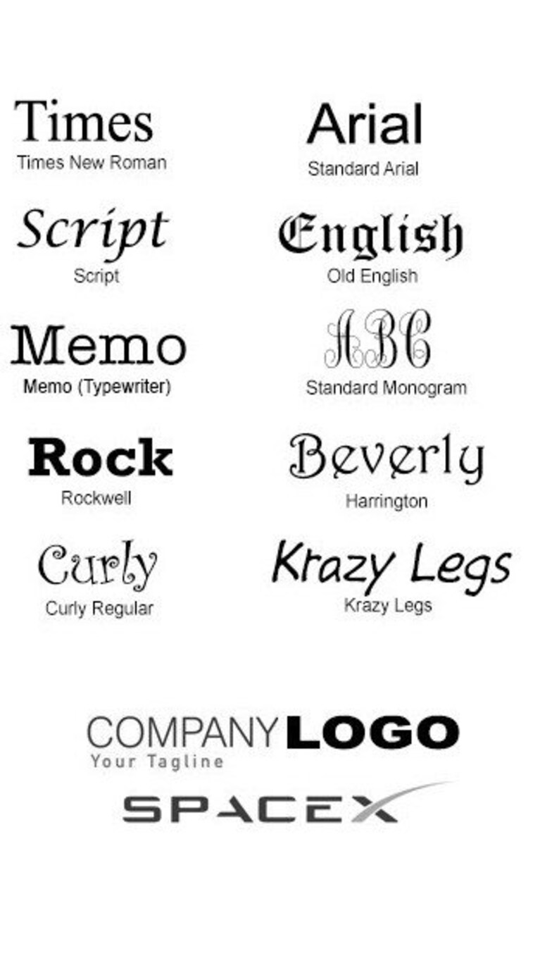 Pu&ograve; includere: Una grafica che mostra diversi stili di font con i loro nomi, come Times New Roman, Script, Memo, Rock, Curly, Arial, English, ABC, Beverly e Krazy Legs. La grafica include anche il testo "COMPANY LOGO" e "Your Tagline" e il logo di SpaceX.