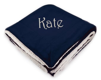 Personalized Navy Micro Plush Sherpa Throw Blanket with Inner Faux Lambswool - Custom Monogrammed Gifts for Him, Her, Anniversary, Weddings