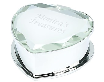 Polished Silver Finish w/ Glass Mirror Cover Heart Trinket Box - Personalized Engraved Gifts, Jewelry, Keepsake Boxes, Bride, Bridesmaid