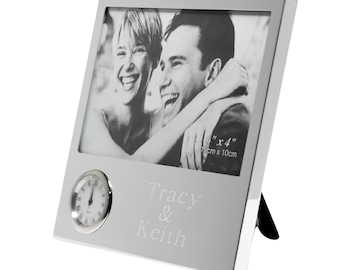 Personalized 6x4 Tabletop Polished Silver Picture Frame Analog Clock – Custom Engraved Photo Frame Wedding Gift Groomsmen Bride Office