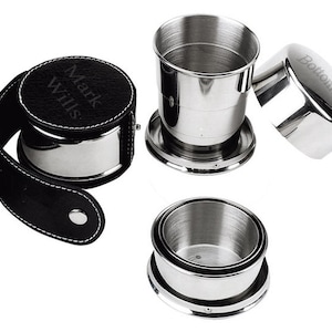 Stainless Steel Collapsible Folding Pocket Shot Glass Cup with Leather Case - Personalized Engraved Custom Wedding Favors Bride Groom Gifts
