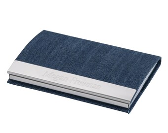 Blue Denim Magnetic Business Card Case Holder - Custom Engraved Card Holders - Personalized Gifts for Men & Women - Silver Stainless Steel