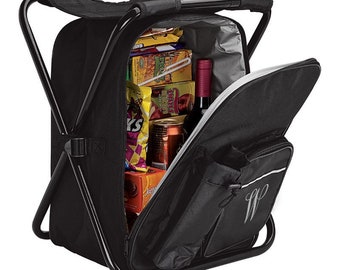 Outdoor 24-Can Backpack Insulated Compartment Cooler with Integrated Folding Chair - Personalized Embroidered Gift Camping Travel Storage