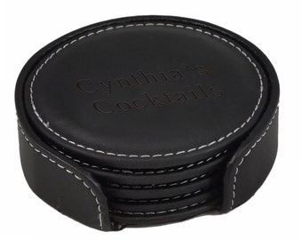 White Stitching Round Black Leather Coasters with Holder Set - Personalized Coaster Gifts, Custom Engraved Name or Quote, Drink Coasters