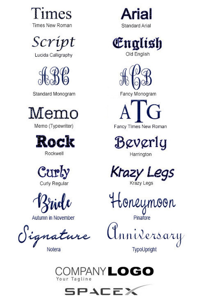 May include: A white background with a blue graphic of different font styles. The fonts are labeled with their names and descriptions. The text at the bottom reads "COMPANY LOGO" in black and "SPACEX" in blue.