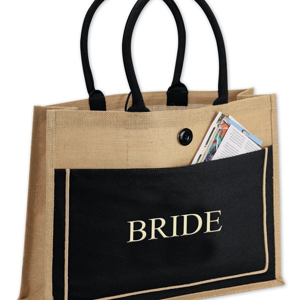 Natural 2-Tone Brown/Black Cotton Canvas Jute Bags -  Personalized Gifts for Weddings, Bride, Bridesmaid, Maid of Honor Bags -  Custom Logo