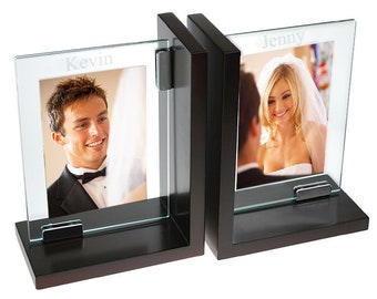 4" x 6" Double Glass Photo Frames Espresso Solid Wood Finish Office Bookends -Personalized Engraved Picture Frames Wedding Gifts,Bride Groom