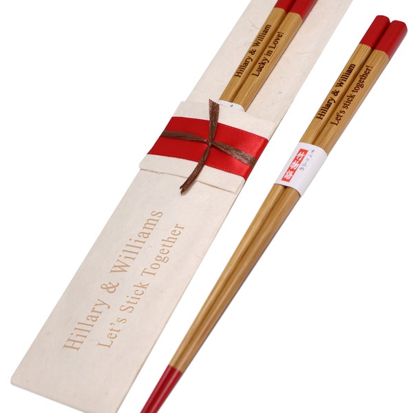 Red Engraved Japanese Bamboo Chopsticks & Optional Handmade Natural Lokta Pouch (1 Pair)- Custom Engraved Wedding Favors, Anniversary, Bride