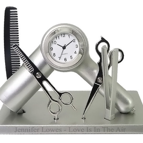 Silver Metal Professional Hair Dresser Tools Mini Desk Clock - Custom Engraved Office Clocks, Personalized Gifts, Hair Stylist, Keepsakes