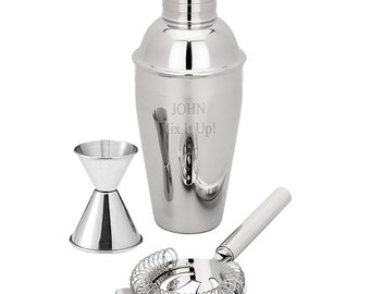 Personalized Stainless Steel Martini Shaker Double Jigger Strainer Set - Custom Engraved Professional Barware Mixing Set,Wedding Party Gifts