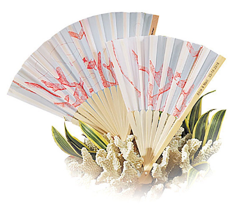 Decorative Beach Coral Bamboo Wedding Fan Custom Wedding Favors, Personalized Engraved Gifts, Groom Bride Asian Theme Fans, Party Favors image 2