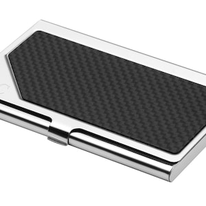 Carbon Fiber and Polished Silver Business Card Case Holder - Personalized Silver Pocket Office Accessories - Custom Gifts for Men and Women