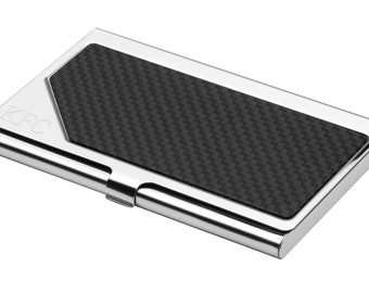 Carbon Fiber and Polished Silver Business Card Case Holder - Personalized Silver Pocket Office Accessories - Custom Gifts for Men and Women