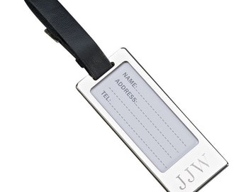 Polished Nickel Luggage ID Tag with Black Leather Strap -Personalized Engraved Travel Accessories Bride Groom Wedding Favors Bag Custom Tags