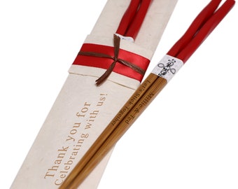Personalized Twisted Red Chinese Bamboo Chopsticks &  Handmade Lokta Pouch (Optional) 1 Pr. - Custom Engraved Gifts, Wedding Bridal Favors