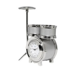Silver Metal Drummer Set Mini Office Desk Clock - Music Lover, Instrument Table Clock Drum Set, Personalized Engraved Gifts Custom Engraving