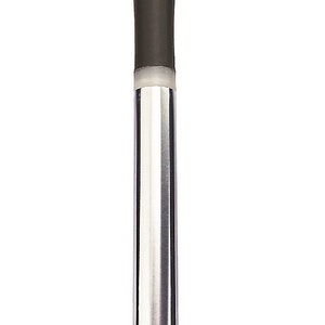 May include: A black and silver cocktail muddler with a textured base. The muddler is used to crush ingredients for cocktails.