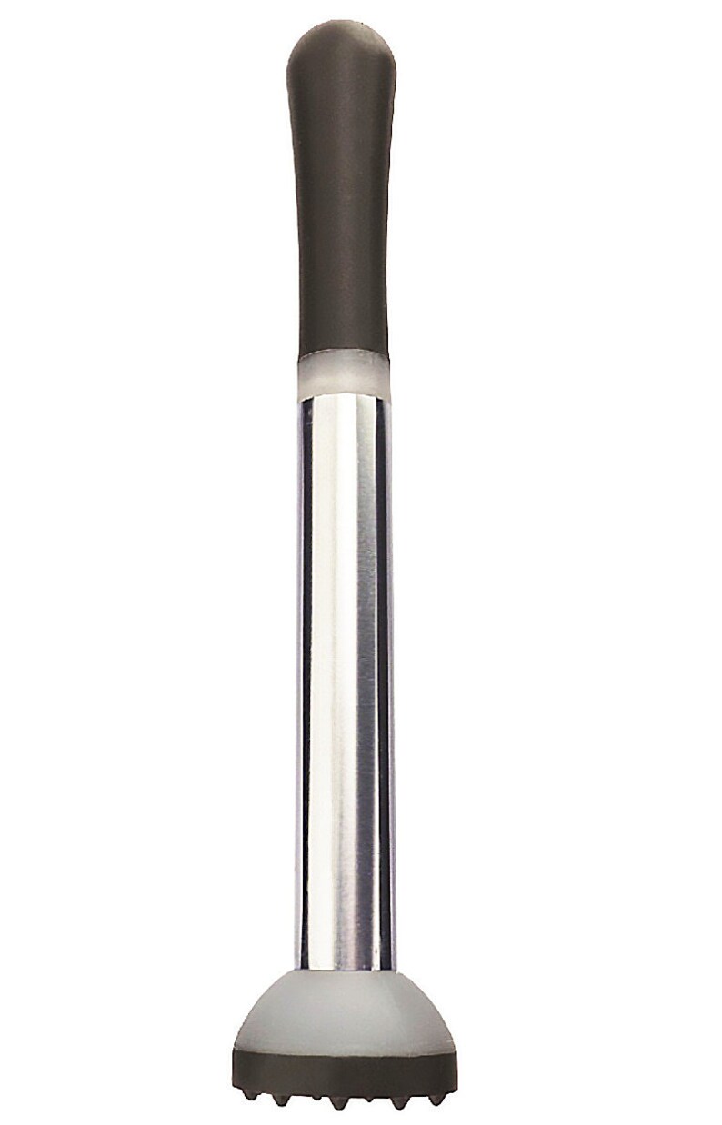 May include: A black and silver cocktail muddler with a textured base. The muddler is used to crush ingredients for cocktails.