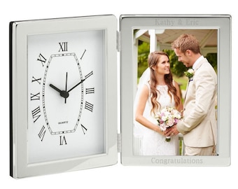 Personalized Polished Silver Finished Picture Frame Tabletop Clock - Engraved Gifts, Custom Engraved Home Décor Clock Photo Engraving Name