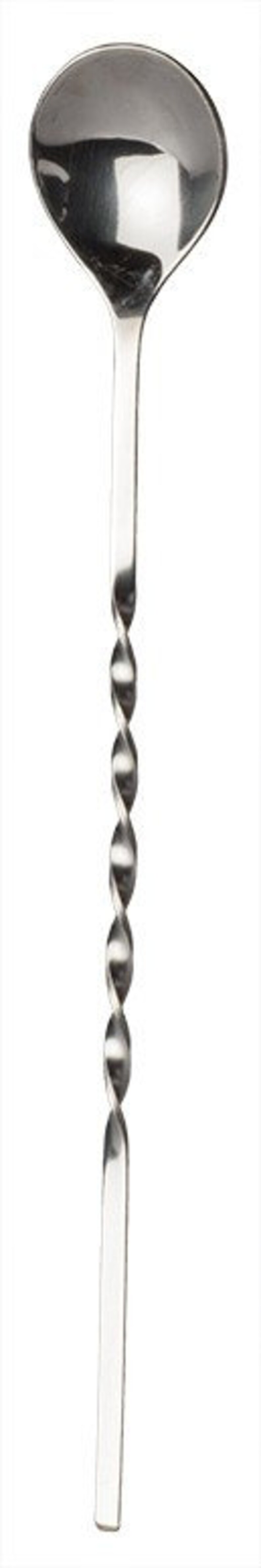May include: A long, silver, twisted bar spoon with a rounded end. The spoon is designed for mixing cocktails.