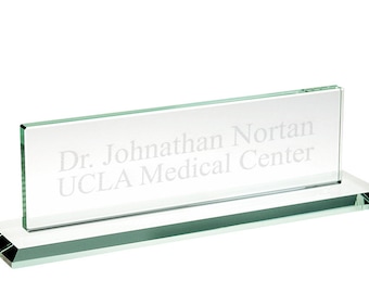 Custom Jade Glass Office Desk Name Plate (2 Pieces: Unattached Name Plate + Base) - Personalized Gifts, Engraved Name, Desktop Accessories