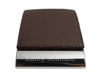 Dark Brown Leatherette Magnetic Business Card Case - Polished Silver Finish Card Holder Personalized Engraved Gifts Custom Engraving