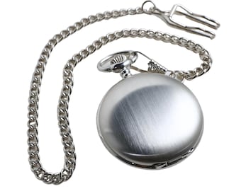 Custom Brushed Silver Classic Pocket Watch Chain Clip- Engraved Timepiece Clock, Personalized Gifts, Birthday, Anniversary Wedding Keepsakes