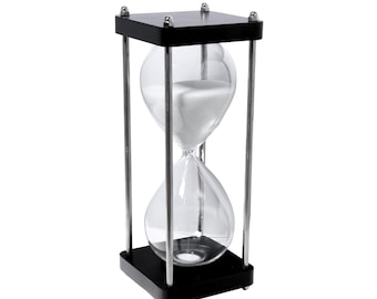 Black Wood Finish Hourglass Sand Timer with Metal Rods (60 Minutes) - Personalized Gifts Home Decor Hour Glasses, Custom Engraving Birthday